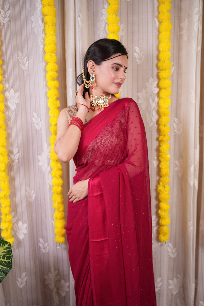 Satin Border Semi Chiffon Saree With Zari Work-Red