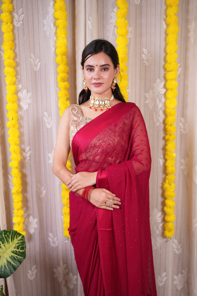 Satin Border Semi Chiffon Saree With Zari Work-Red
