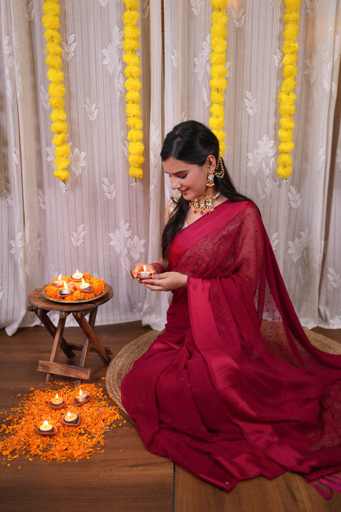 Satin Border Semi Chiffon Saree With Zari Work-Red