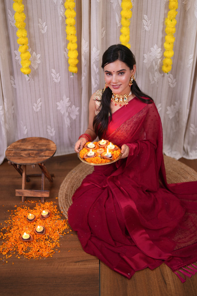 Satin Border Semi Chiffon Saree With Zari Work-Red
