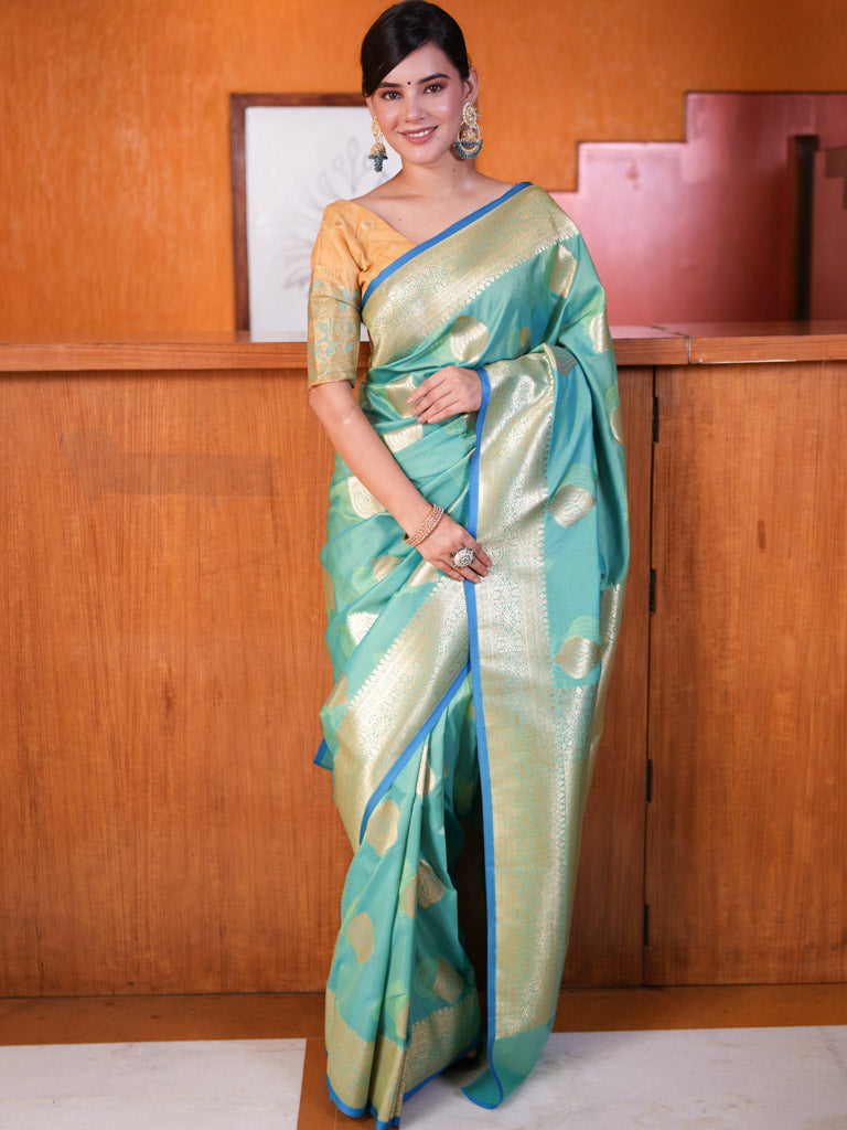 Banarasi Art Katan Silk Saree With Zari Buti Weaving-Sea Green