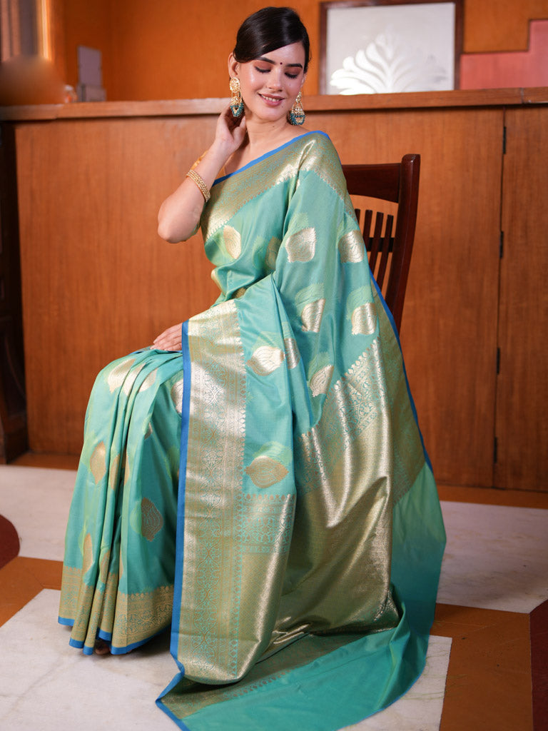 Banarasi Art Katan Silk Saree With Zari Buti Weaving-Sea Green