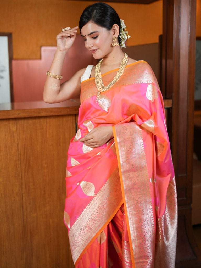 Dual Shade Banarasi Art Katan Silk Saree With Zari Buti Weaving-Pink