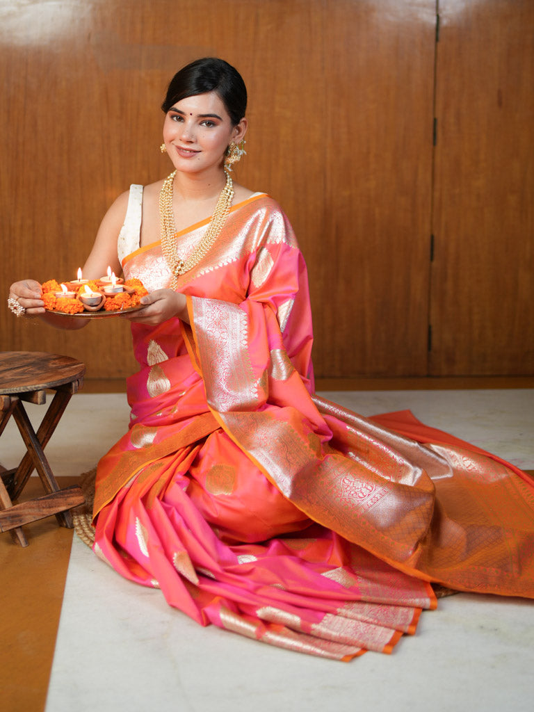 Dual Shade Banarasi Art Katan Silk Saree With Zari Buti Weaving-Pink