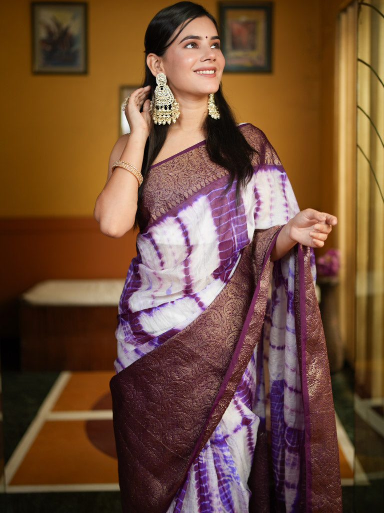 Banarasi Shibori Dyed Cotton Silk Saree With Antique Zari Border-Purple