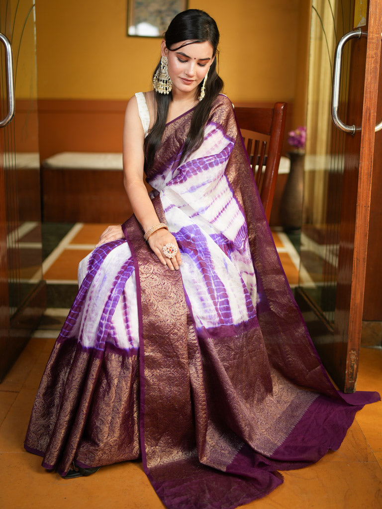 Banarasi Shibori Dyed Cotton Silk Saree With Antique Zari Border-Purple