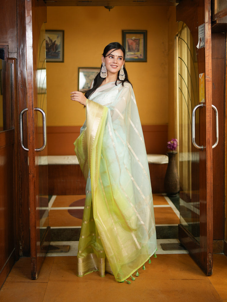 Banarasi Shaded Organza Saree With Zari Weaving-Blue & Green