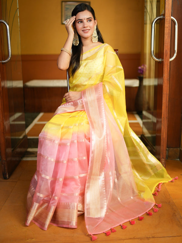 Banarasi Shaded Organza Saree With Zari Weaving-Pink & Yellow