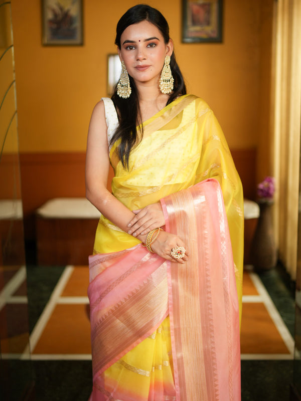 Banarasi Shaded Organza Saree With Zari Weaving-Pink & Yellow