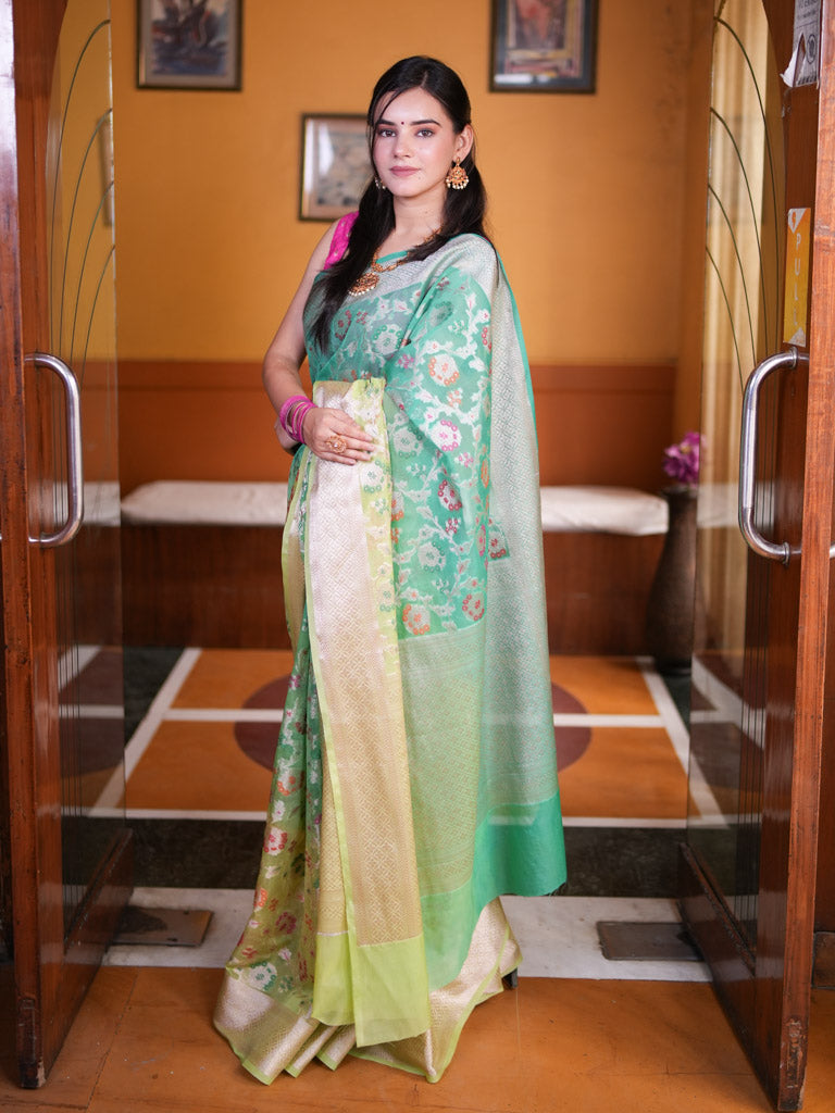 Banarasi Shaded Semi Silk Saree With Heavy Jaal Zari & Meena Weaving-Green