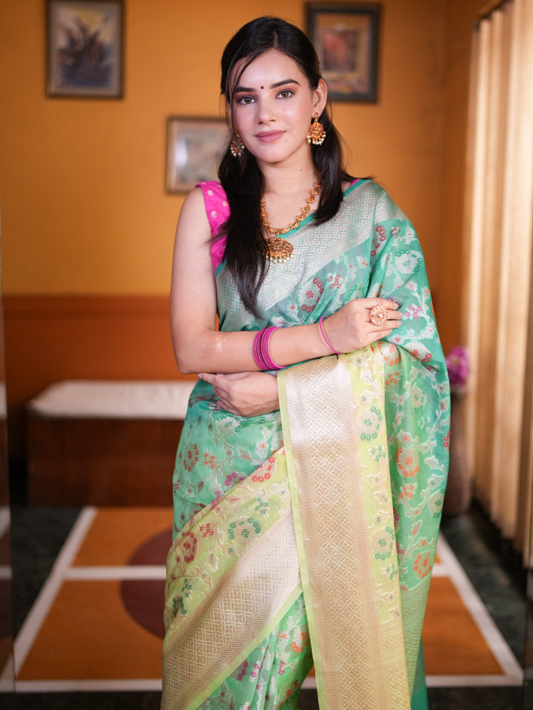 Banarasi Shaded Semi Silk Saree With Heavy Jaal Zari & Meena Weaving-Green