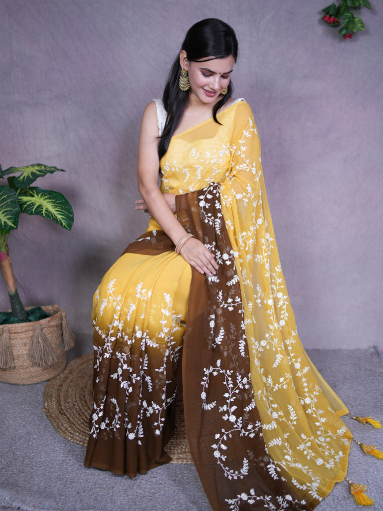 Dual Shade Embroidered Semi Chiffon Saree-Yellow