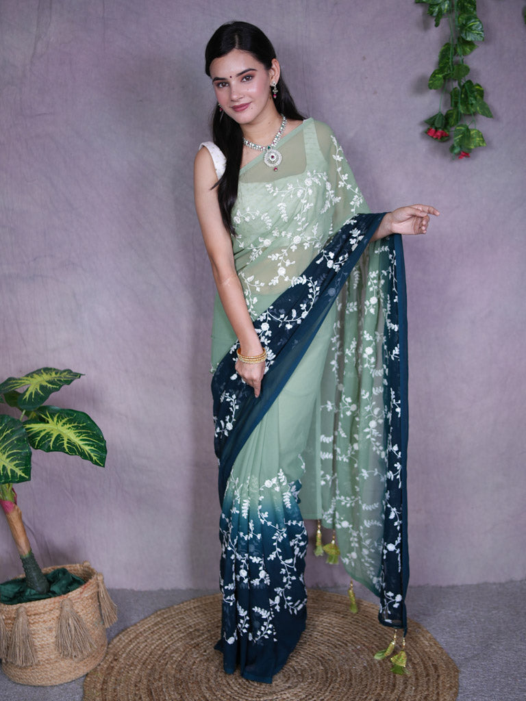 Dual Shade Embroidered Semi Chiffon Saree-Green