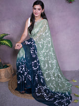 Dual Shade Embroidered Semi Chiffon Saree-Green