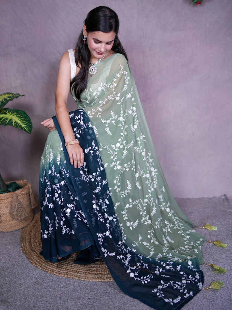 Dual Shade Embroidered Semi Chiffon Saree-Green