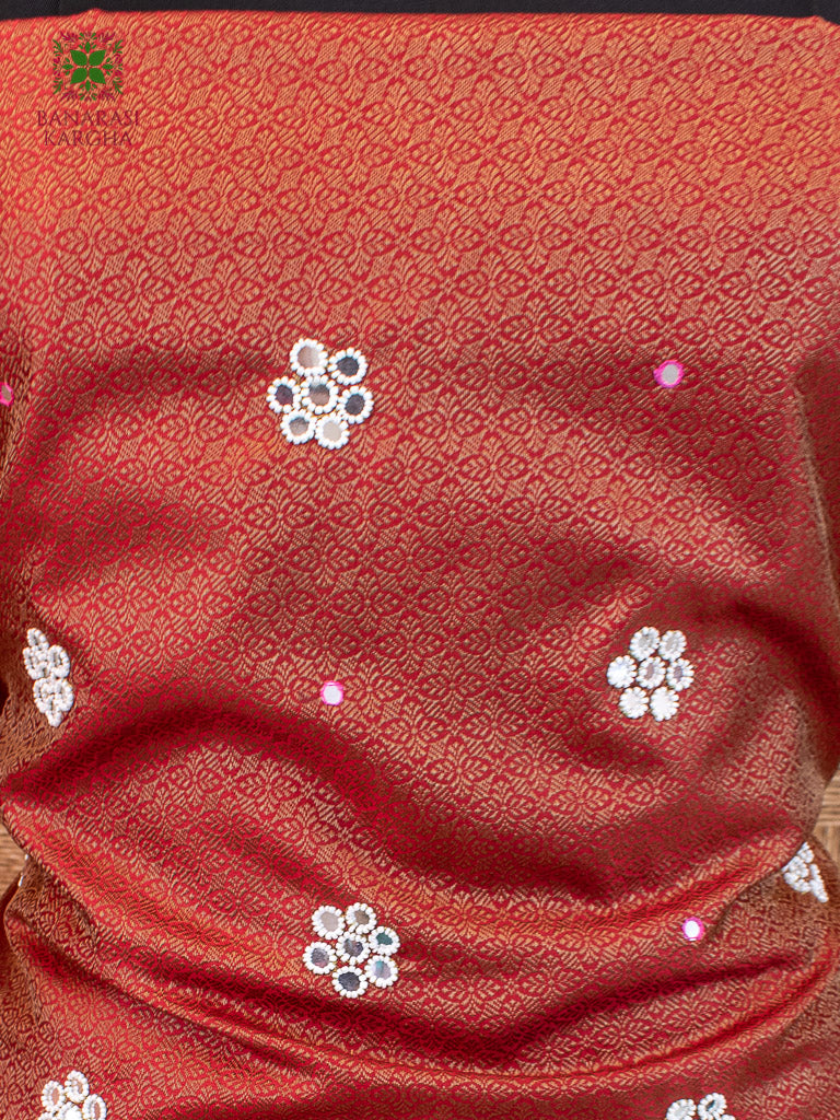 Banarasi Embroidered Semi Silk Salwar Kameez Fabric With Organza  Dupatta-Red