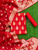 Banarasi Pure Cotton Silk Salwar Kameez Material With Silver Zari Weaving-Red
