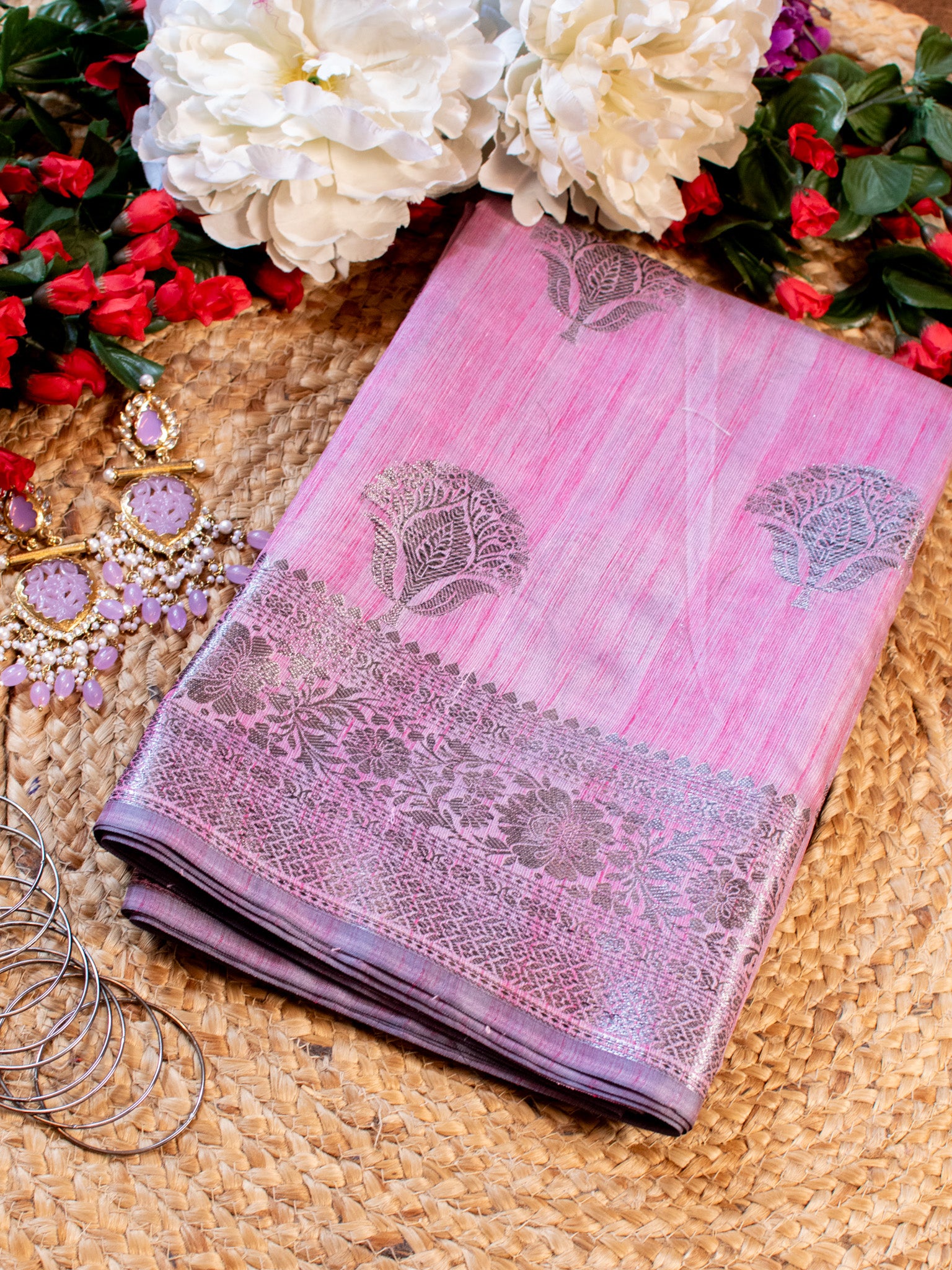 Banarasi Handwoven Ghicha Cotton Buti Saree With Border-Pink