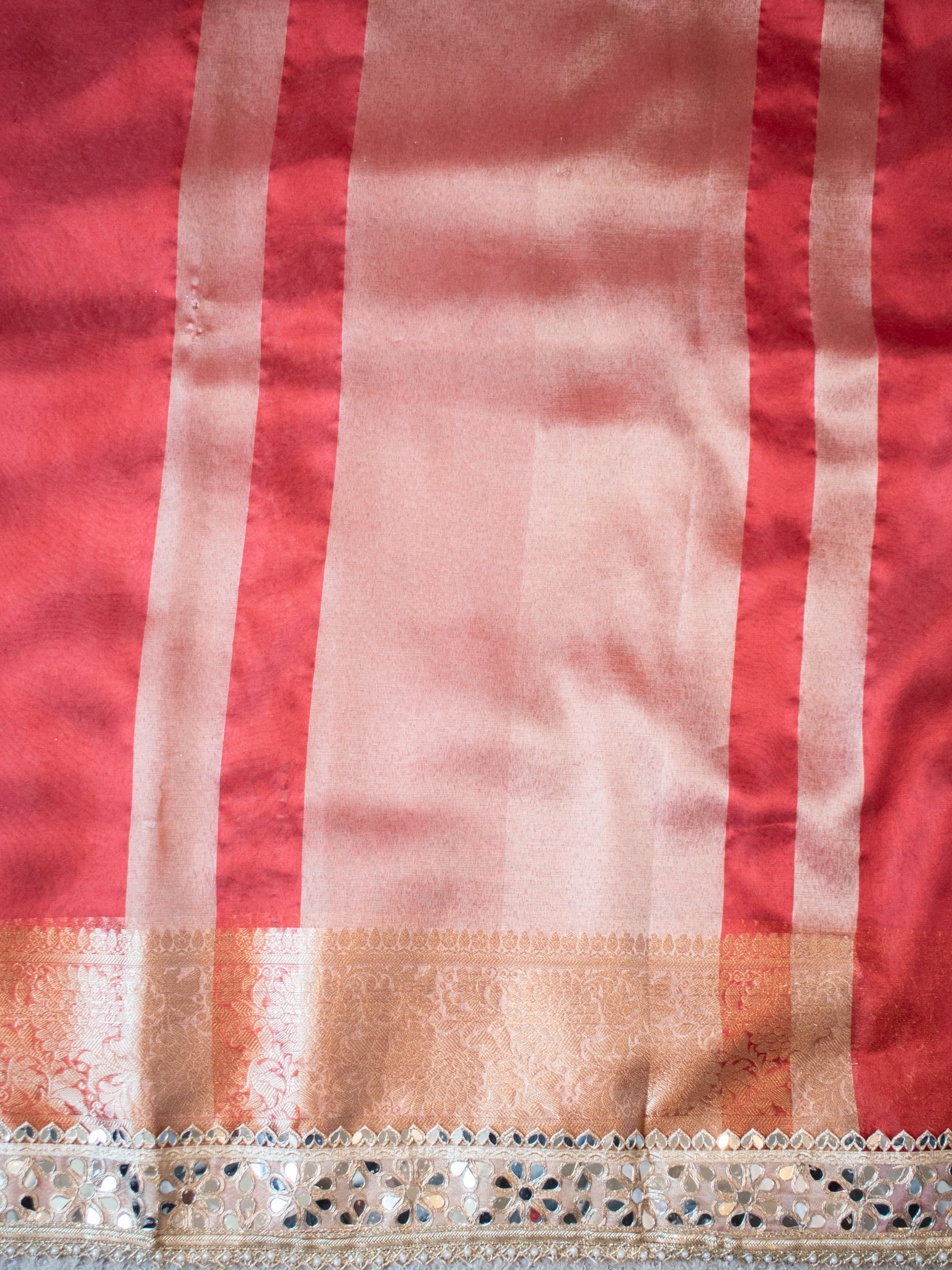 Banarasi Plain Tissue Saree with Mirror Lace Border - Red
