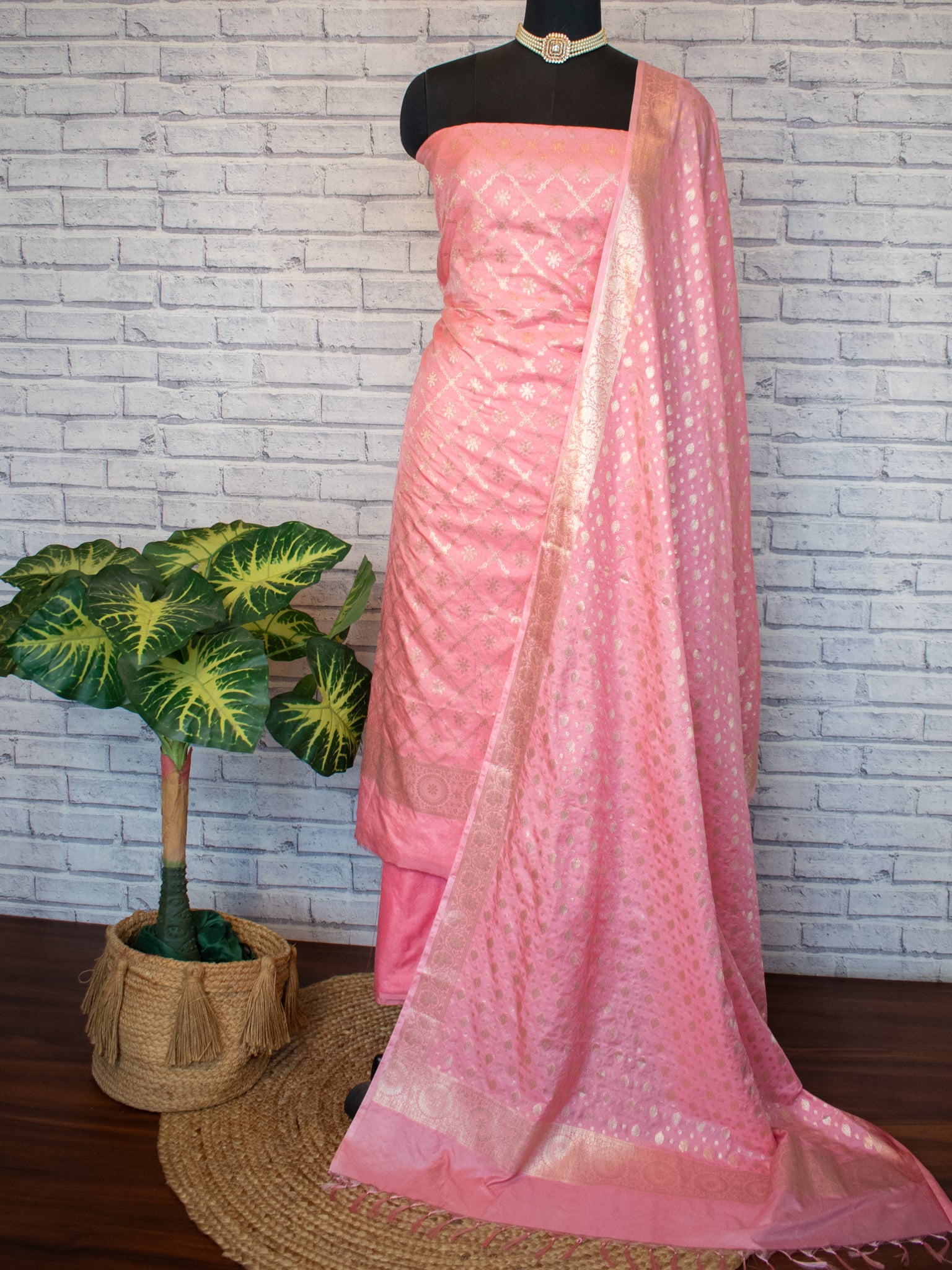 Banarasi Semi Katan Salwar Kameez Fabric With Dupatta- Pink