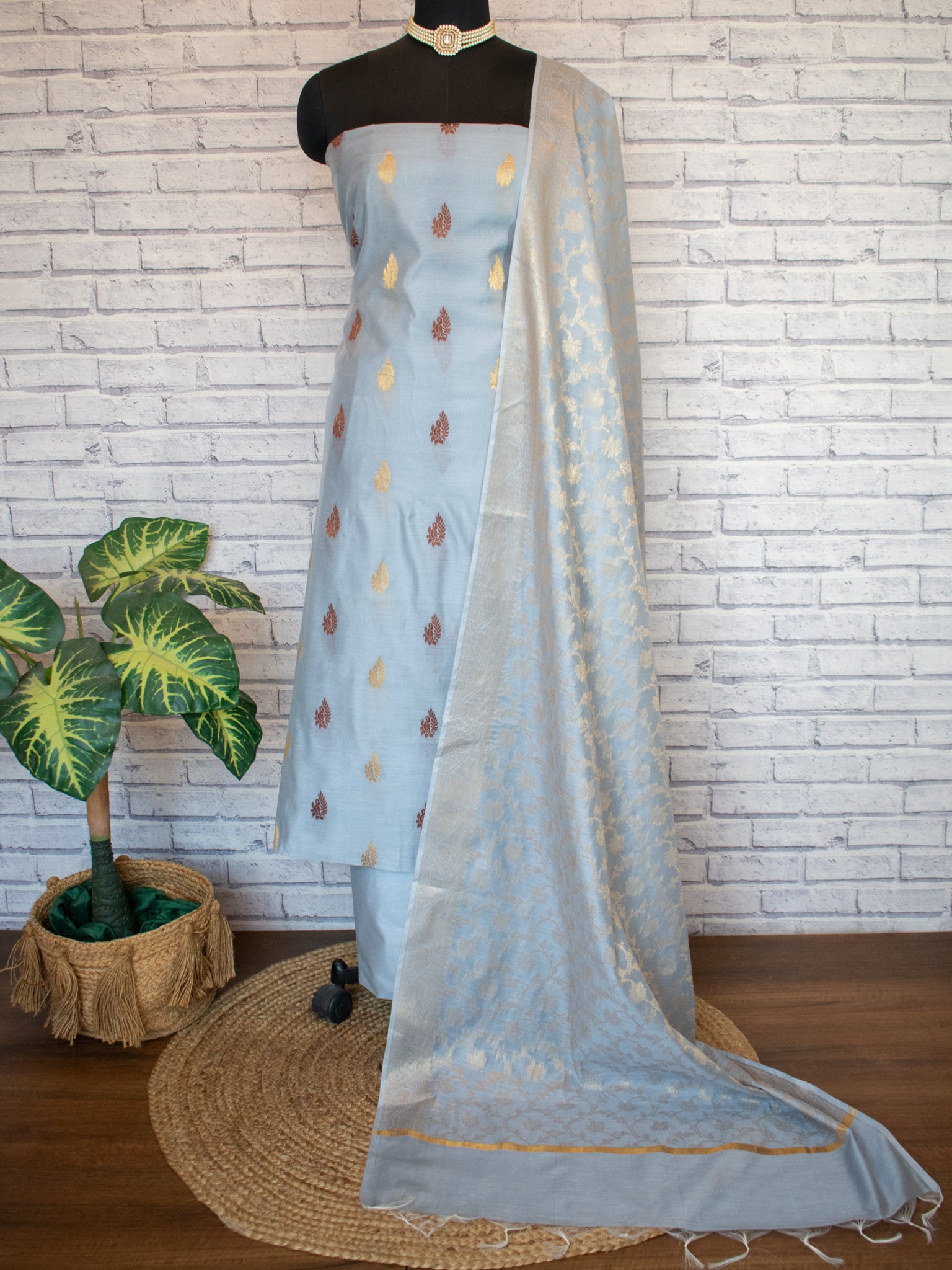 Banarasi Cotton Silk Salwar Kameez with Floral Dupatta- Grey
