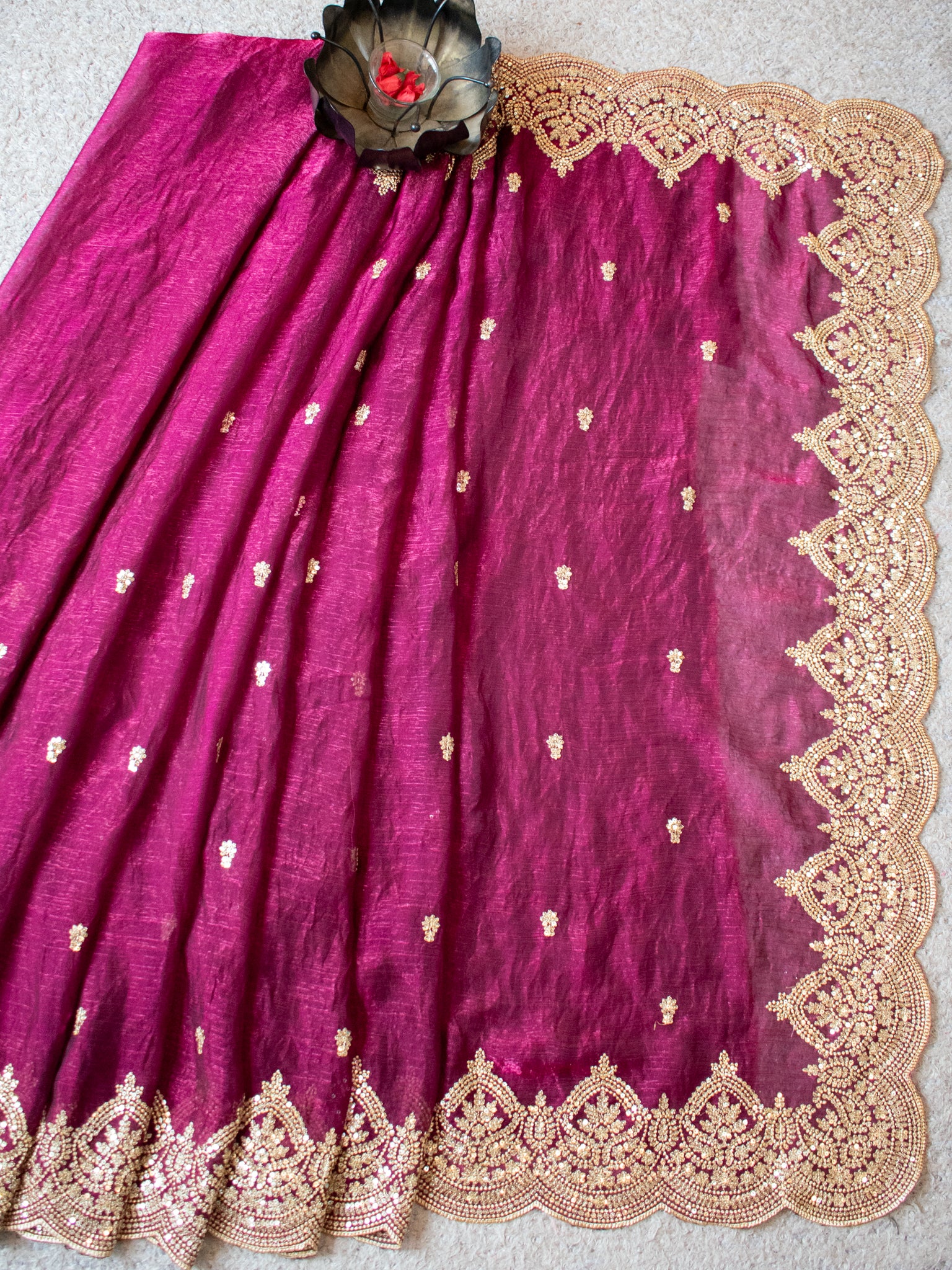 Tissue Sequin Saree With Scallop Border- Wine