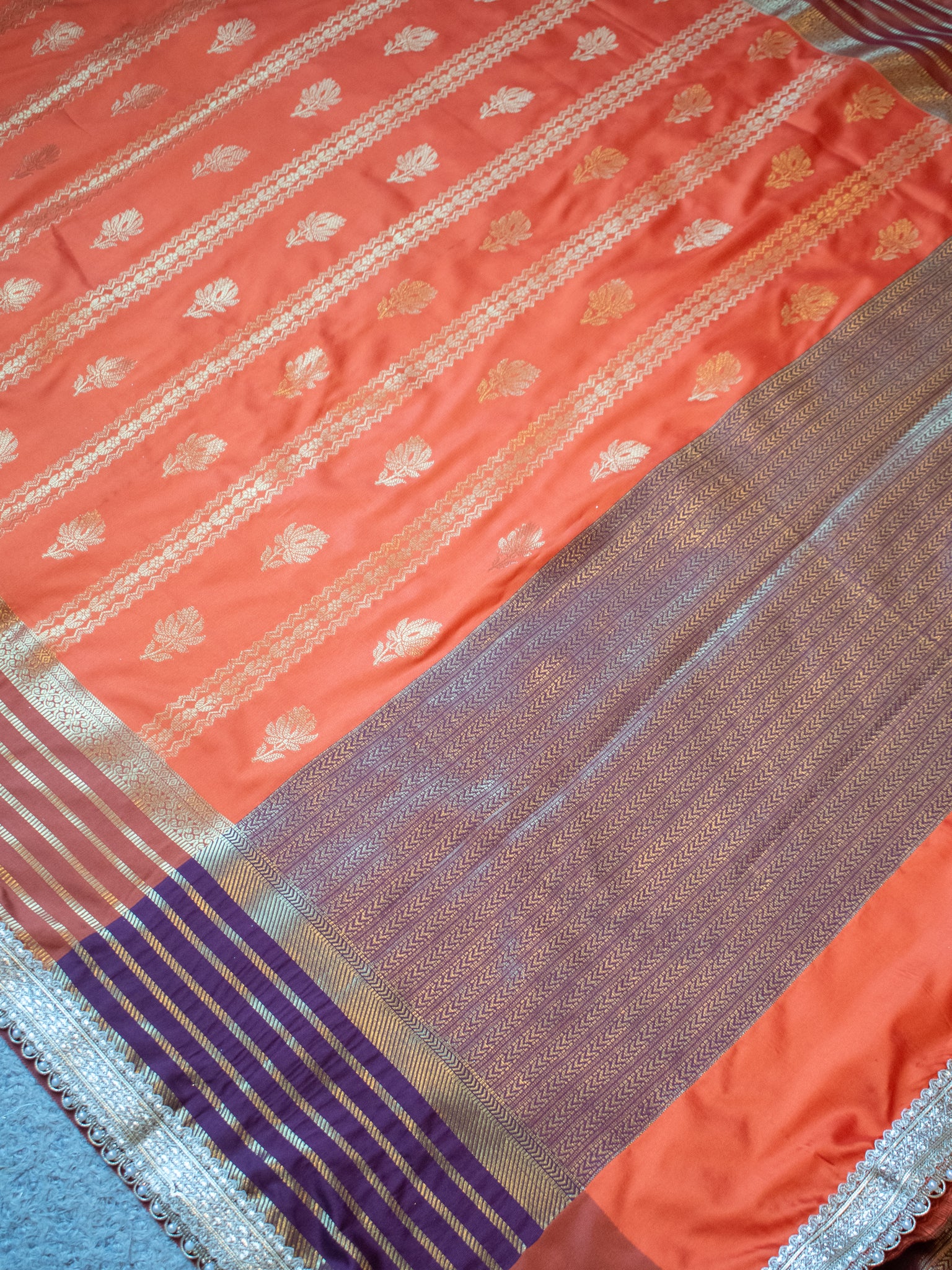 Banarasi Cotton Silk Saree with Zari Weaving & Lace Border- Orange