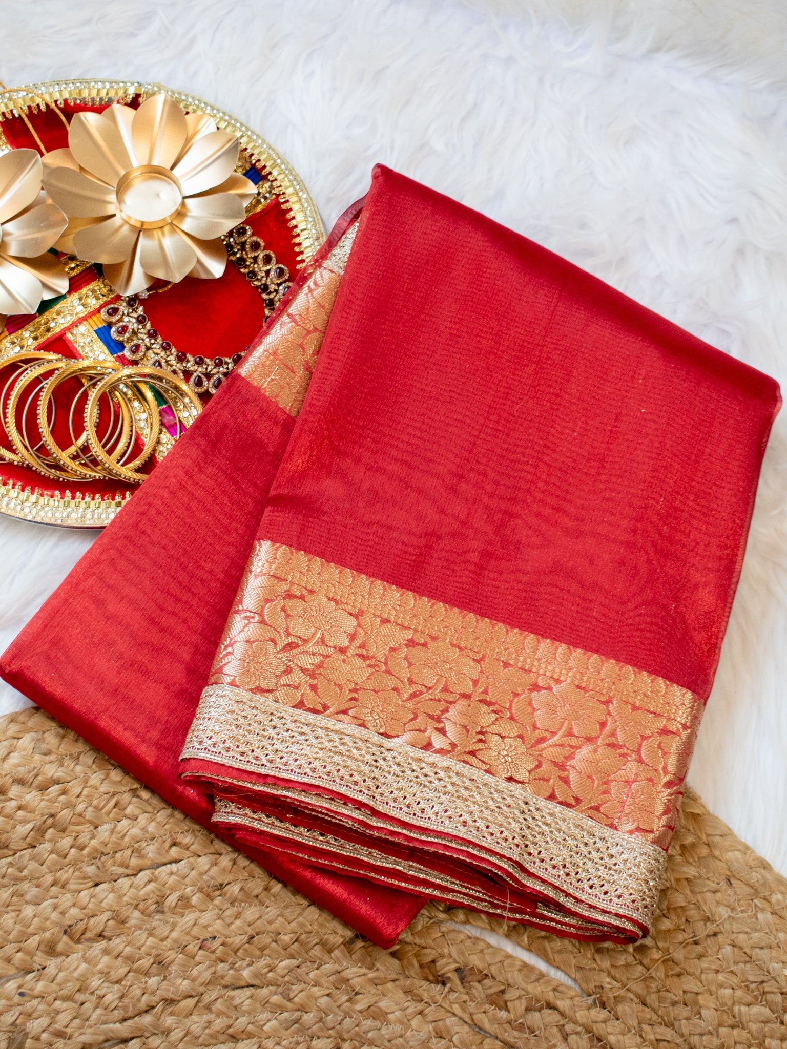 Banarasi Tissue Saree With Lace Border- Red