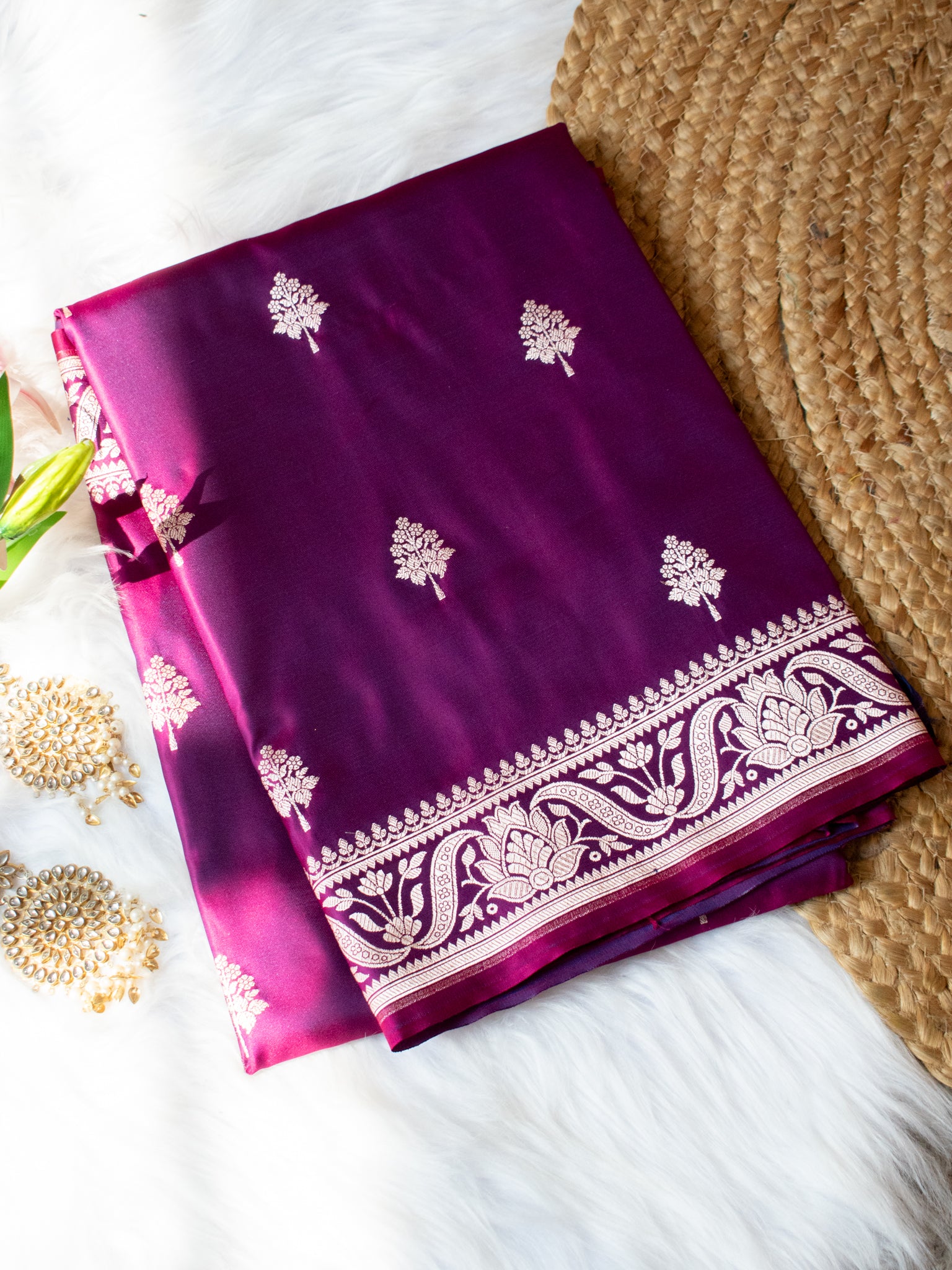 Banarasi Mashru Silk Saree With Buti & Border- Wine