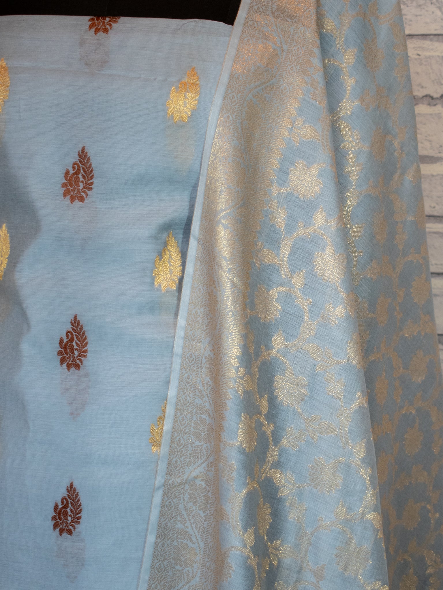 Banarasi Cotton Silk Salwar Kameez with Floral Dupatta- Grey