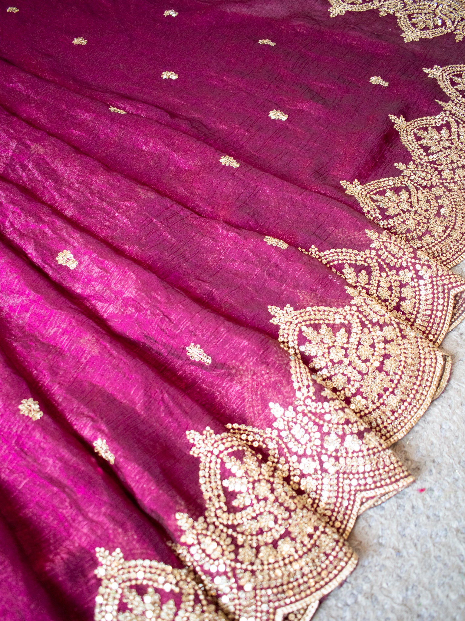 Tissue Sequin Saree With Scallop Border- Wine