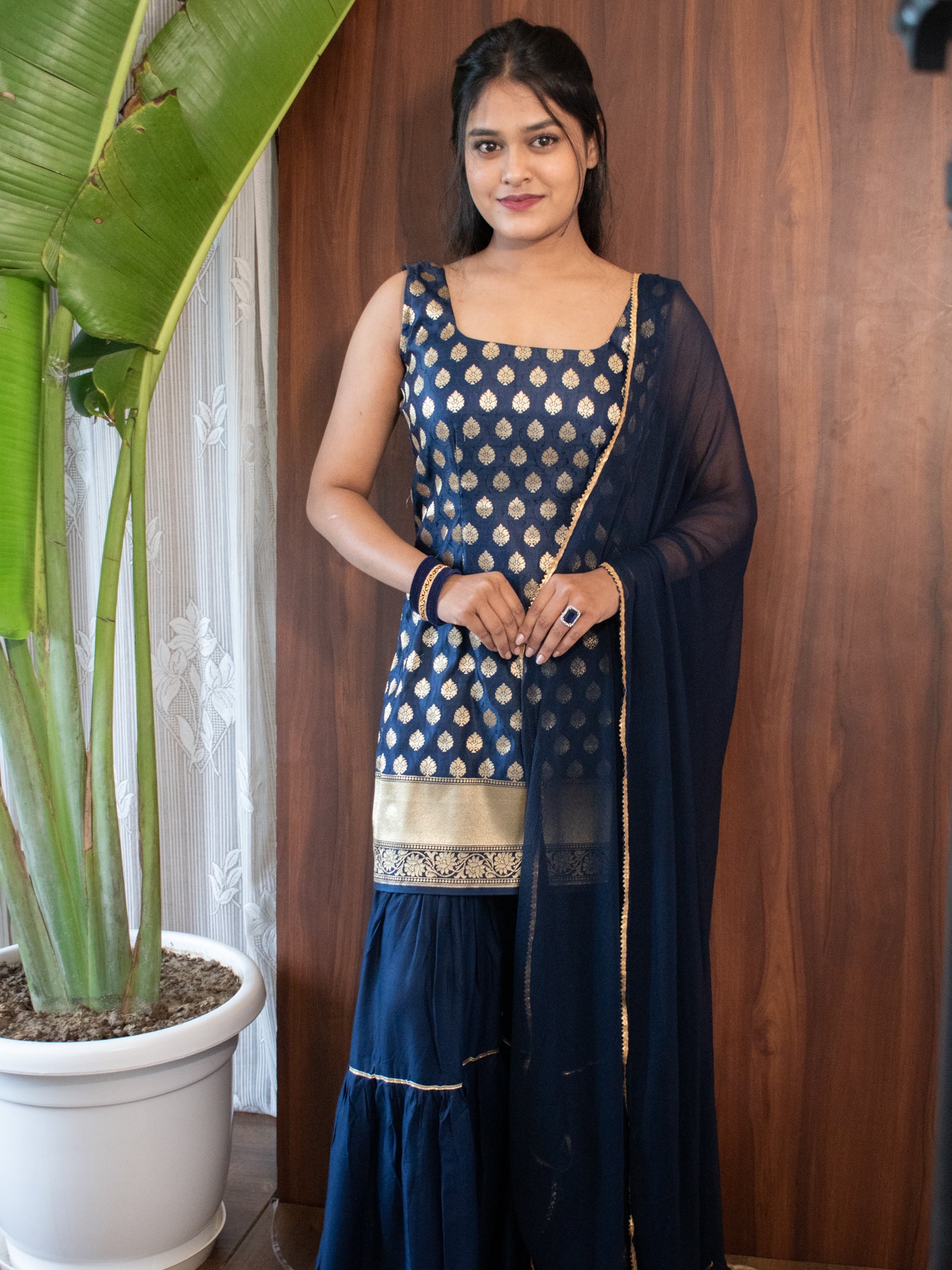 Readymade Banarasi Pure Silk Sharara Suit with Chiffon Dupatta- Royal Blue