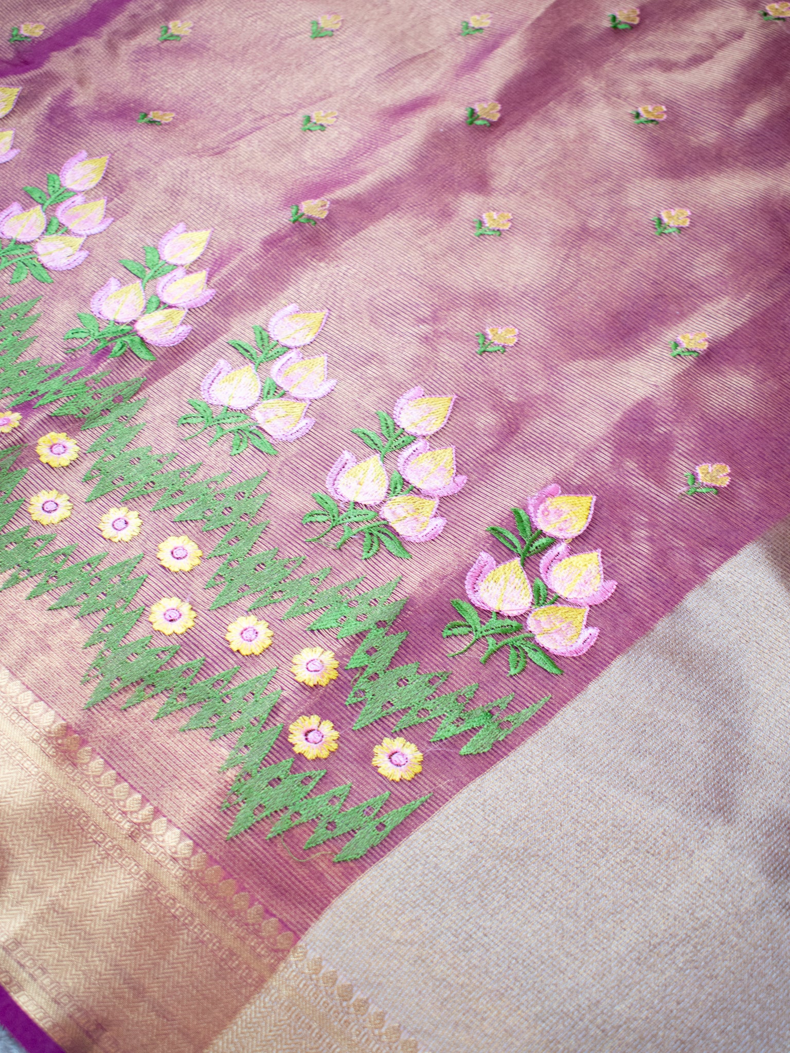 Banarasi Tissue Saree With Embroidery & Border - Pink