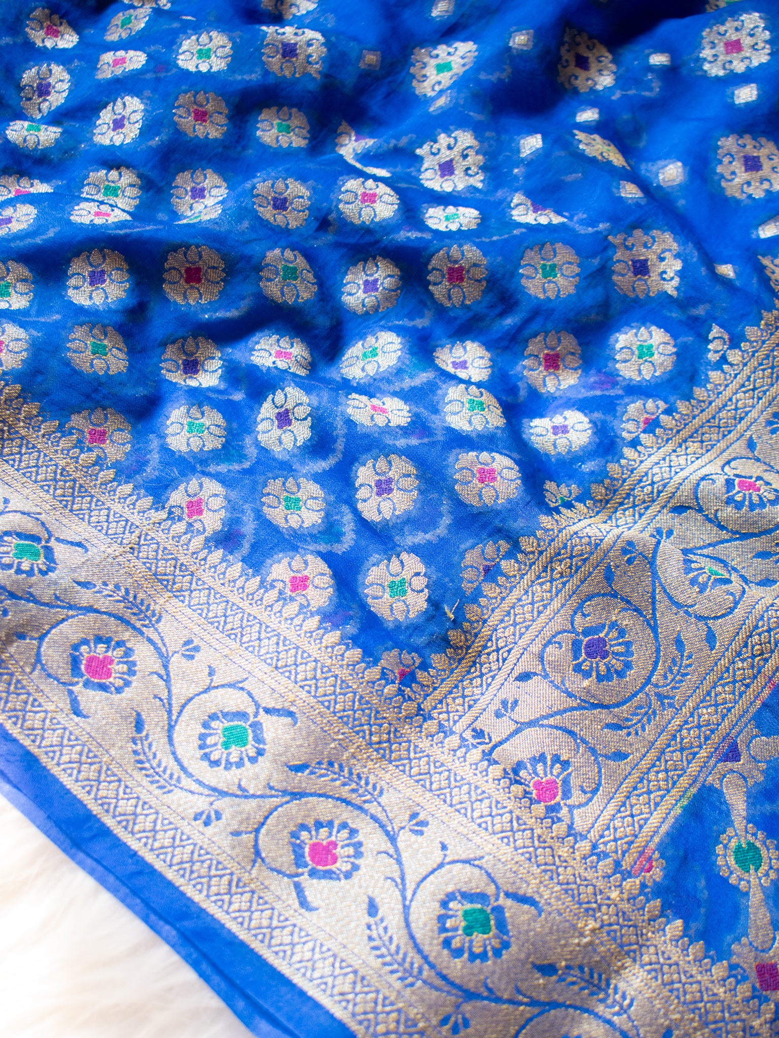 Banarasi Pure Cotton Saree With Zari & Resham Buti Weaving & Border- Blue