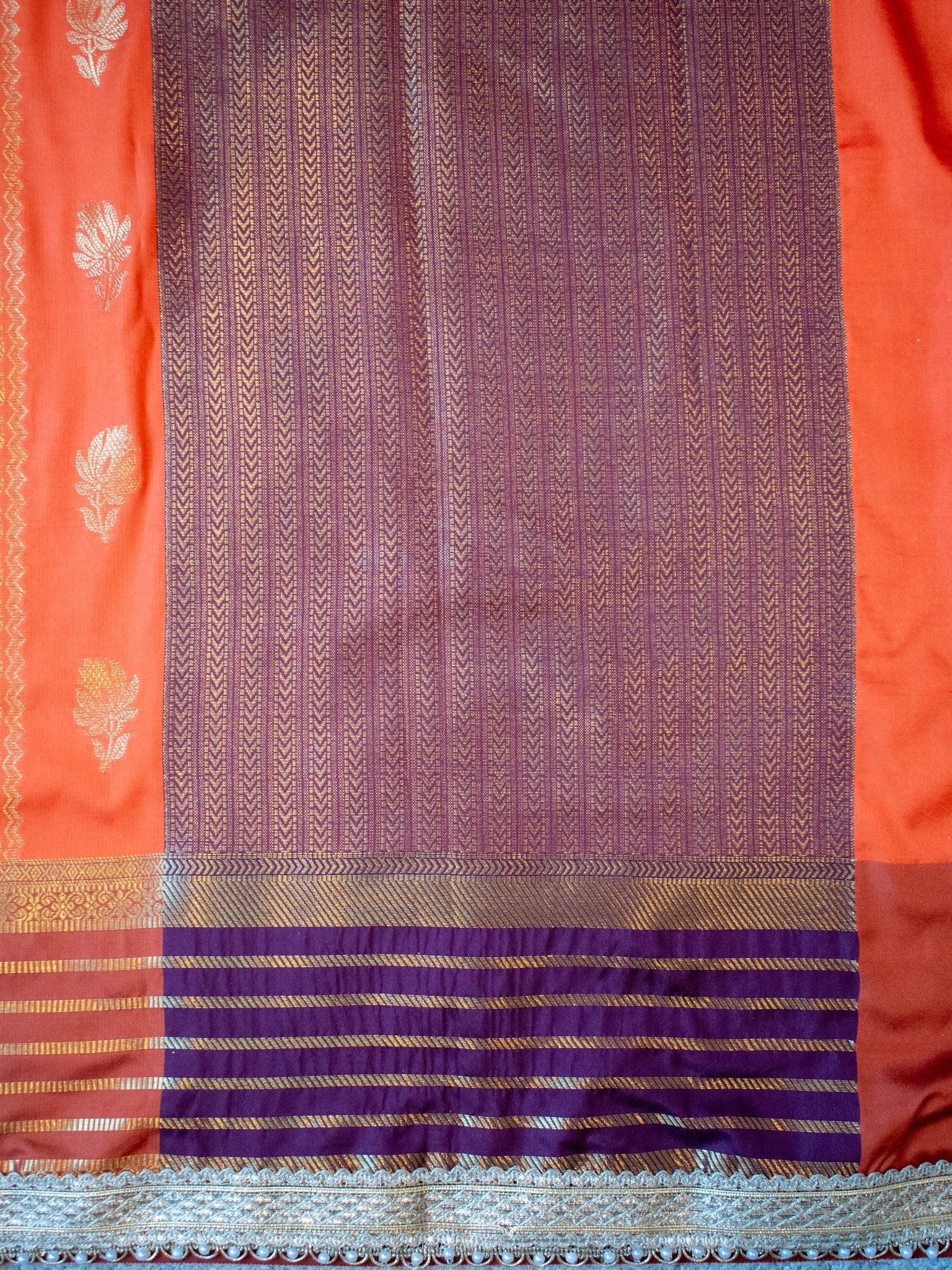 Banarasi Cotton Silk Saree with Zari Weaving & Lace Border- Orange