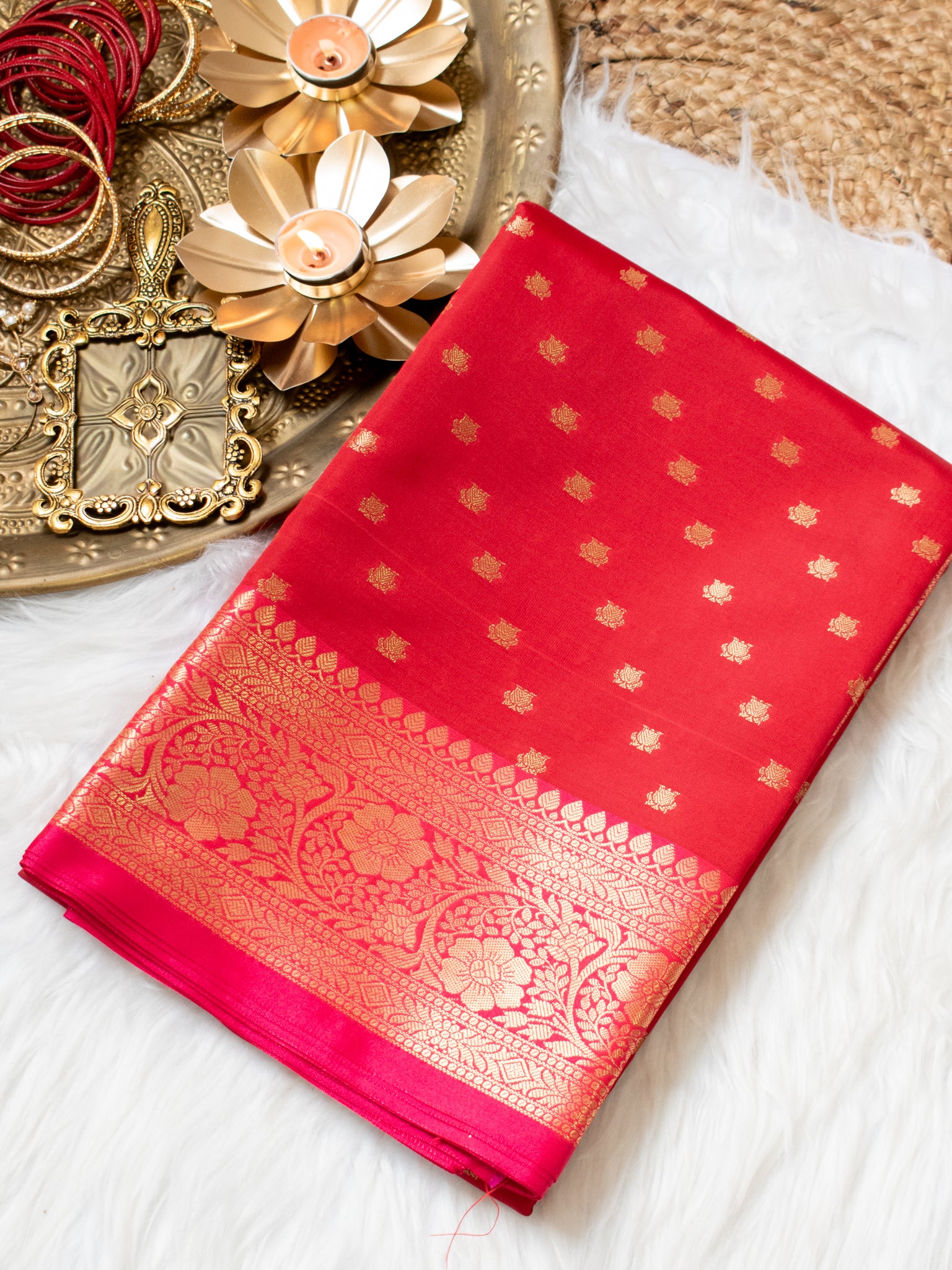 Banarasi Semi Silk Saree With Zari Buti Weaving & Border - Red