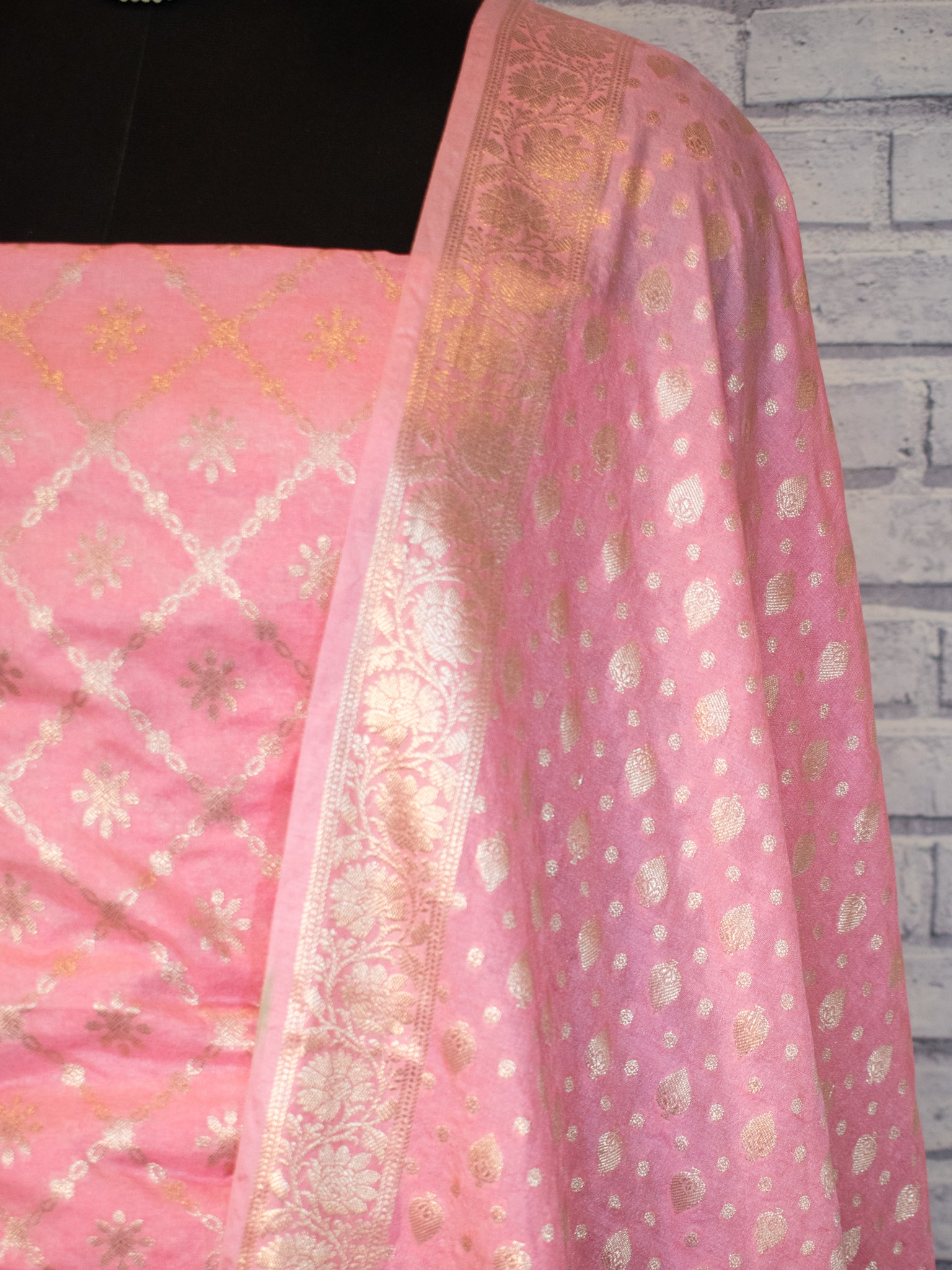 Banarasi Semi Katan Salwar Kameez Fabric With Dupatta- Pink