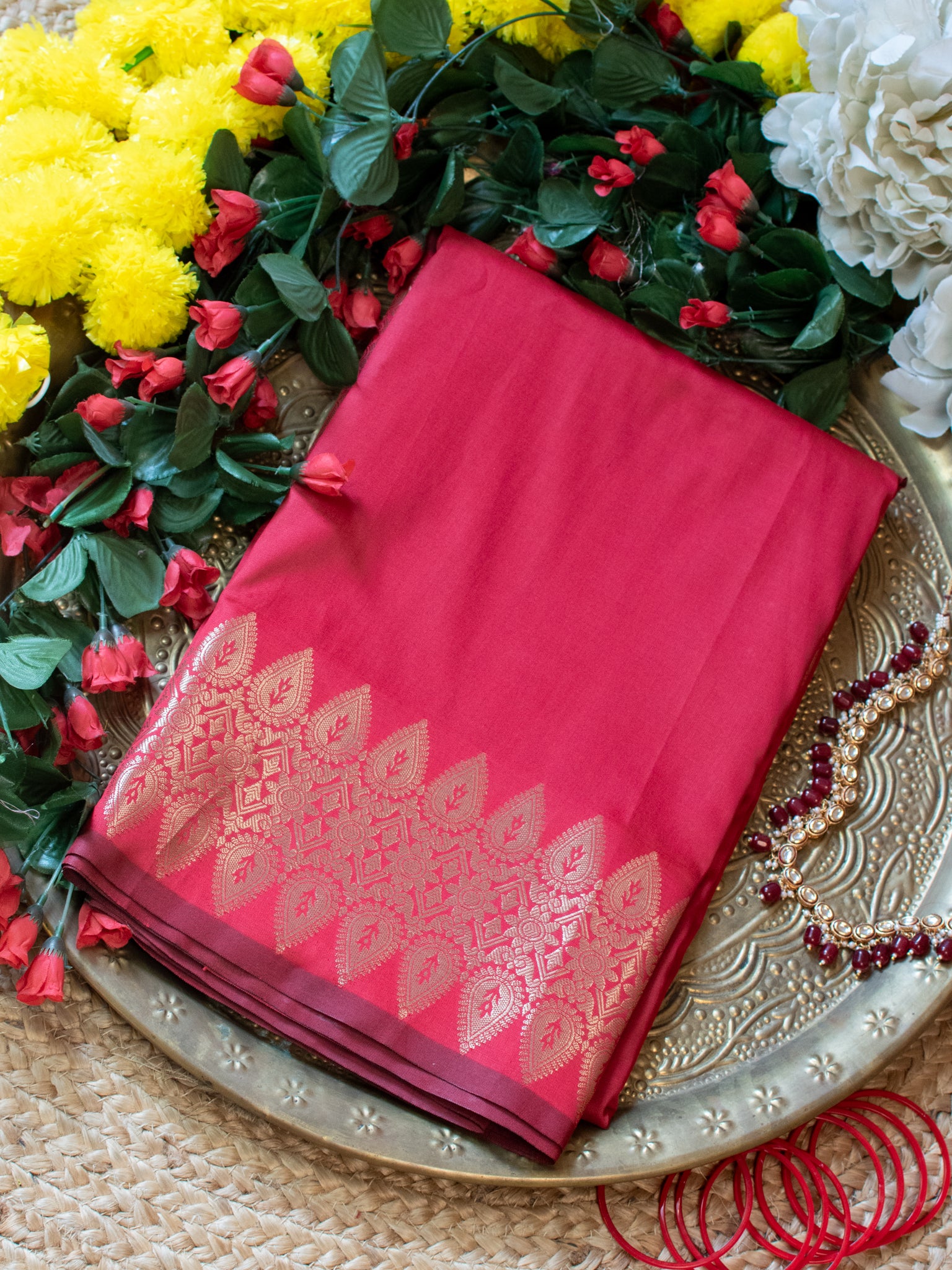 Banarasi Semi Silk Saree With Zari Weaving & Border - Red