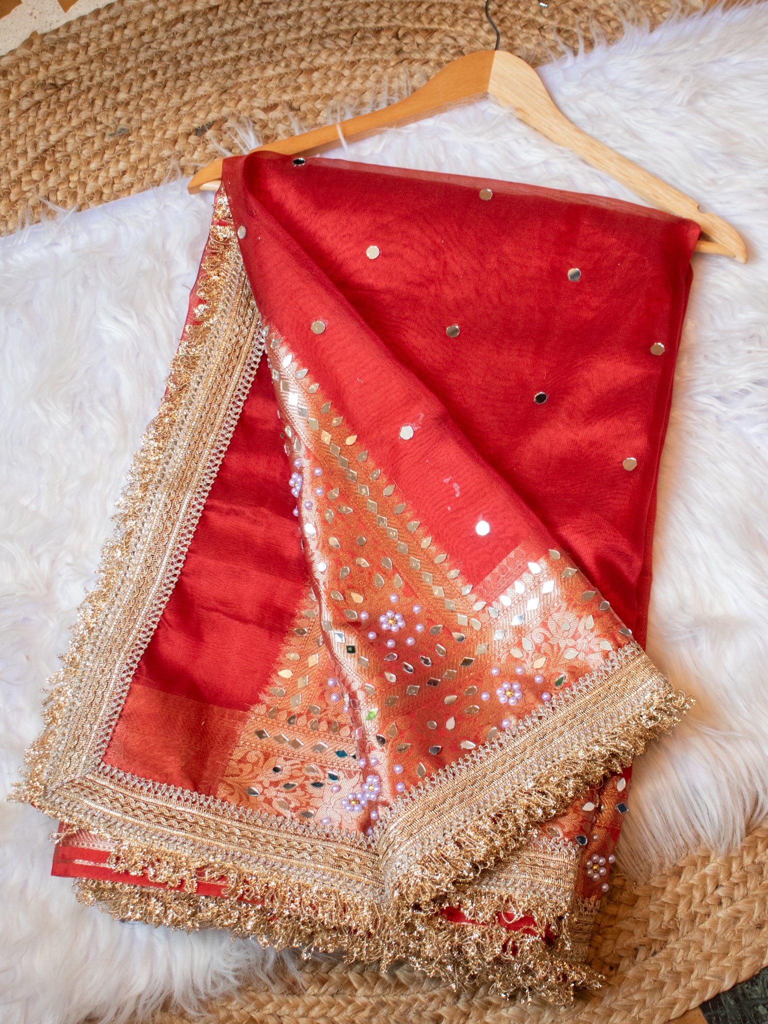 Banarasi Mirror Work Tissue Saree with Lace Border - Red