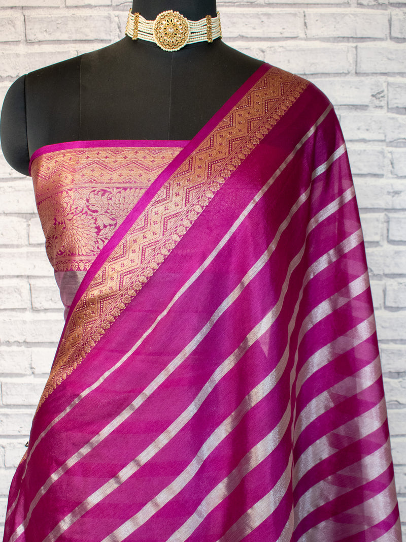 Banarasi Tissue Saree With Copper Zari Border-Purple