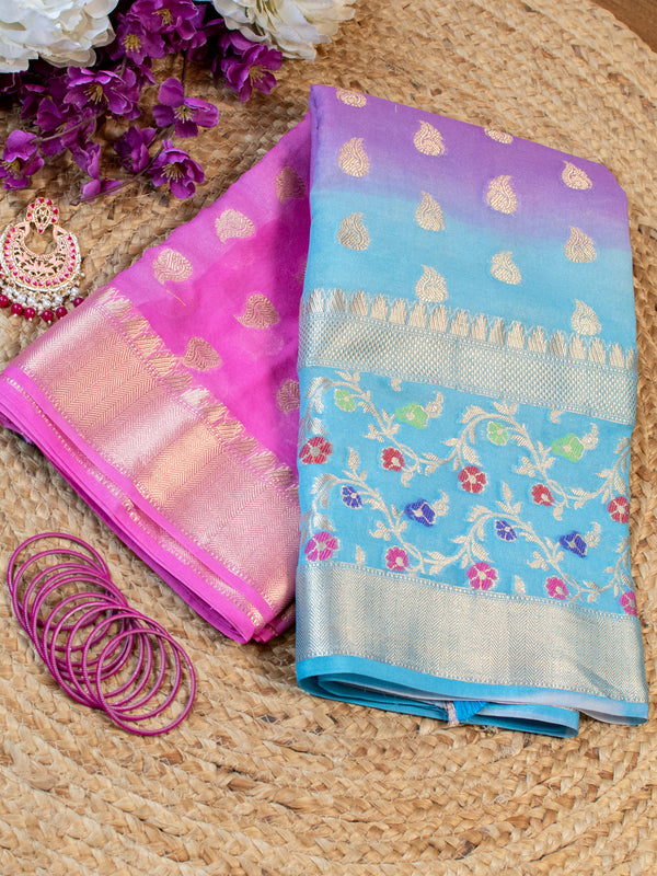 Banarasi Shaded Cotton Silk Saree With Silver Zari & Meena Border-Blue & Pink