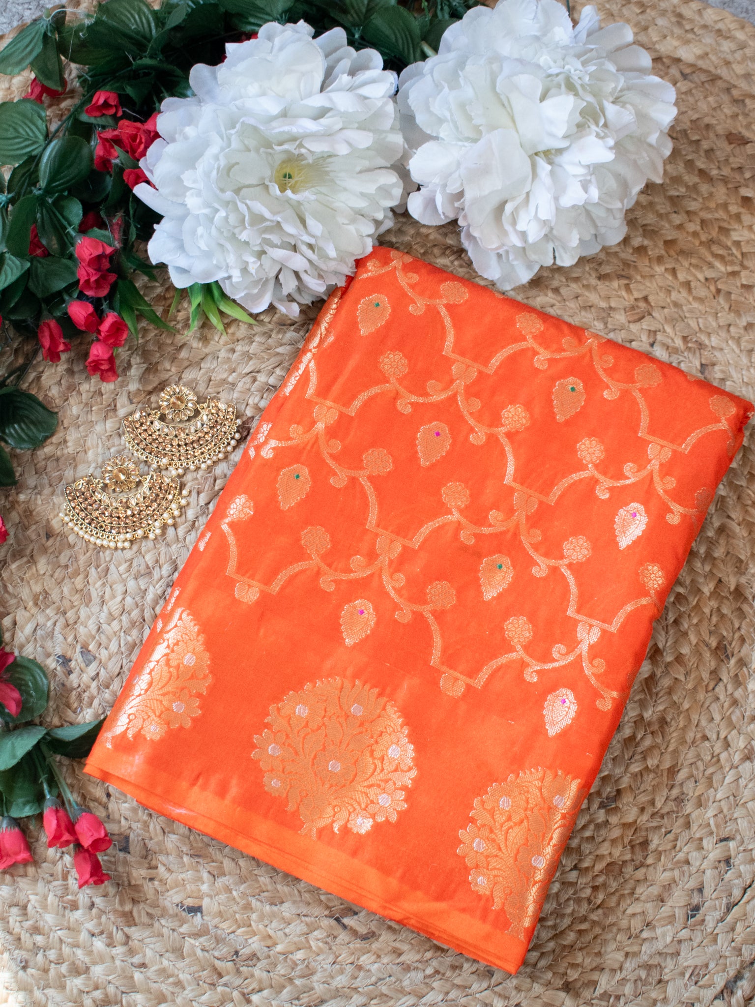 Banarasi Soft Cotton Saree With Golden Zari Weaving & Border- Orange