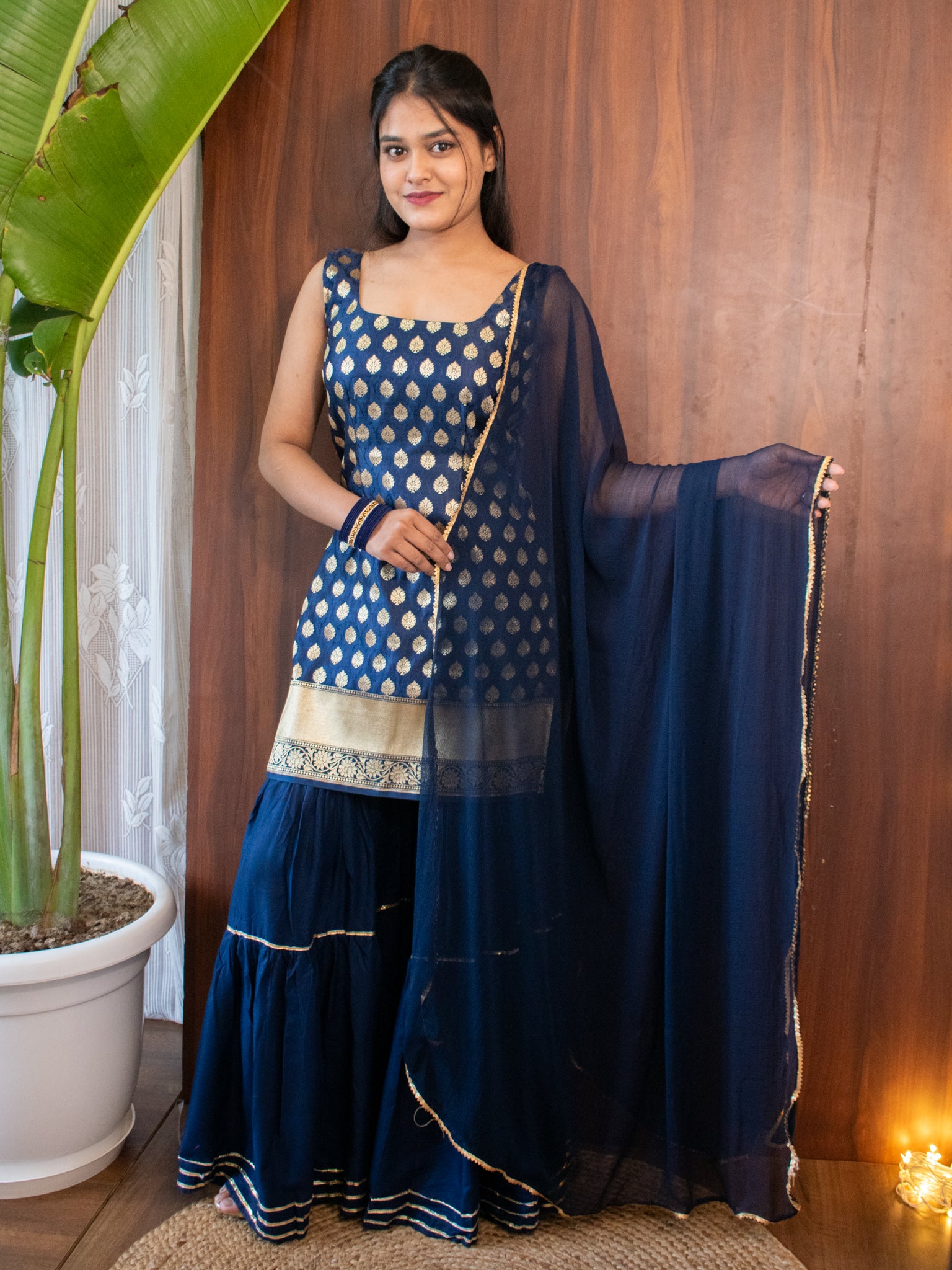 Readymade Banarasi Pure Silk Sharara Suit with Chiffon Dupatta- Royal Blue