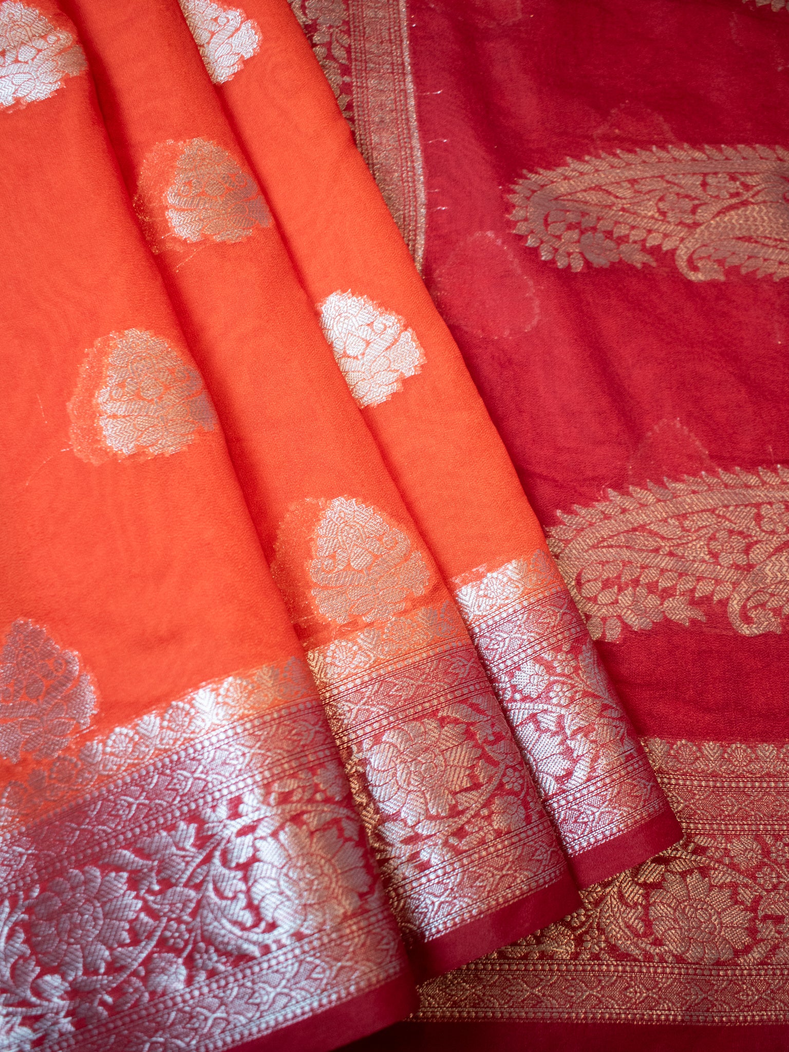 Banarasi Semi Chiffon Saree with Zari Weaving & Border- Orange