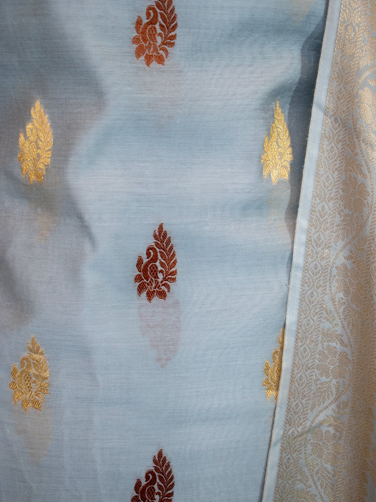 Banarasi Cotton Silk Salwar Kameez with Floral Dupatta- Grey