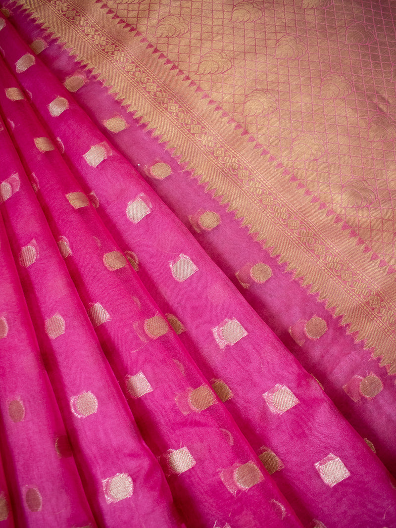 Banarasi Semi Chiffon Saree Silver Zari Buti Weaving-Pink