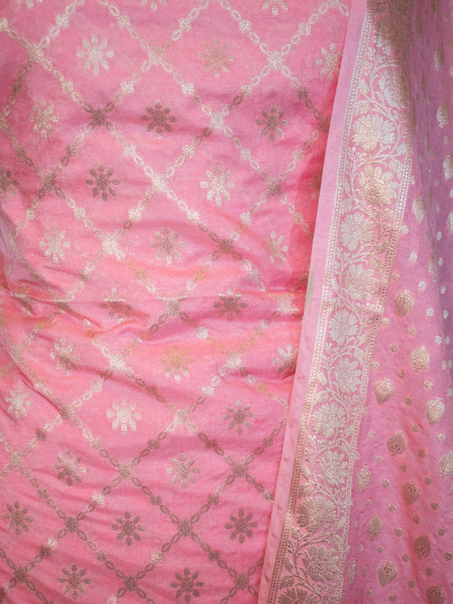 Banarasi Semi Katan Salwar Kameez Fabric With Dupatta- Pink