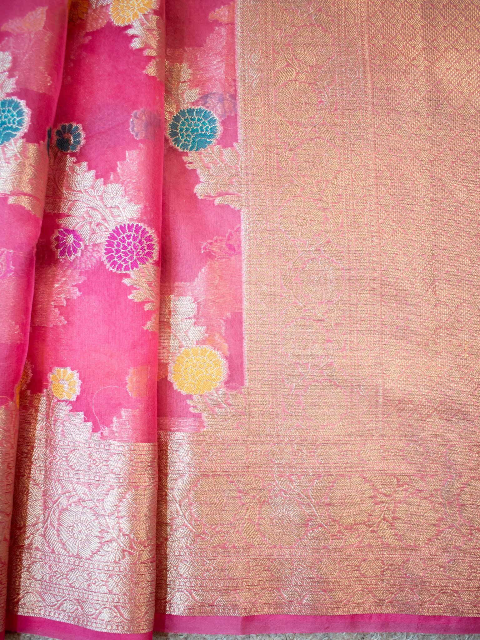 Banarasi Cotton Silk Saree With Silver Zari Weaving & Border-Pink