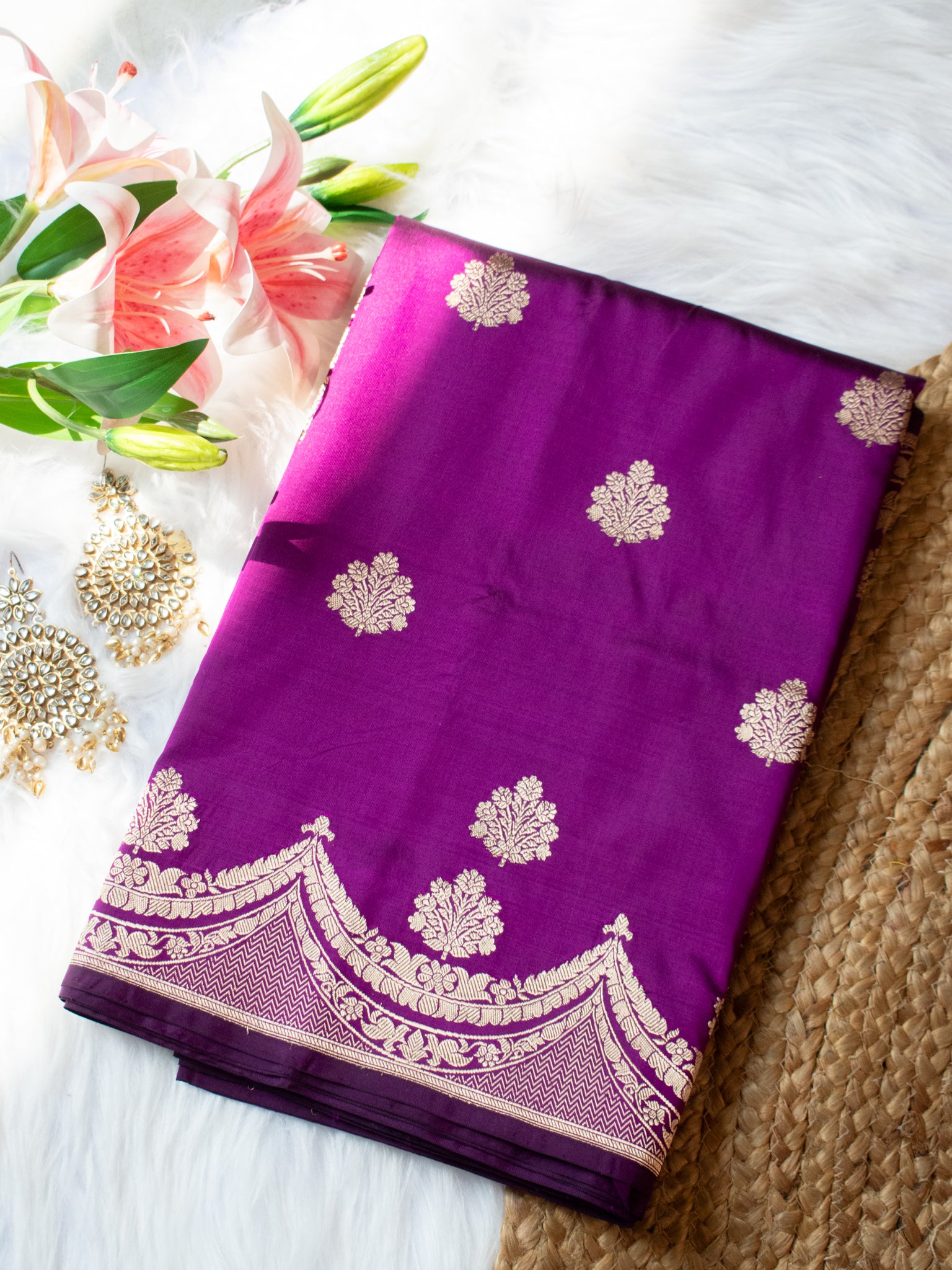 Banarasi Pure Katan Saree With Buti & Border- Purple