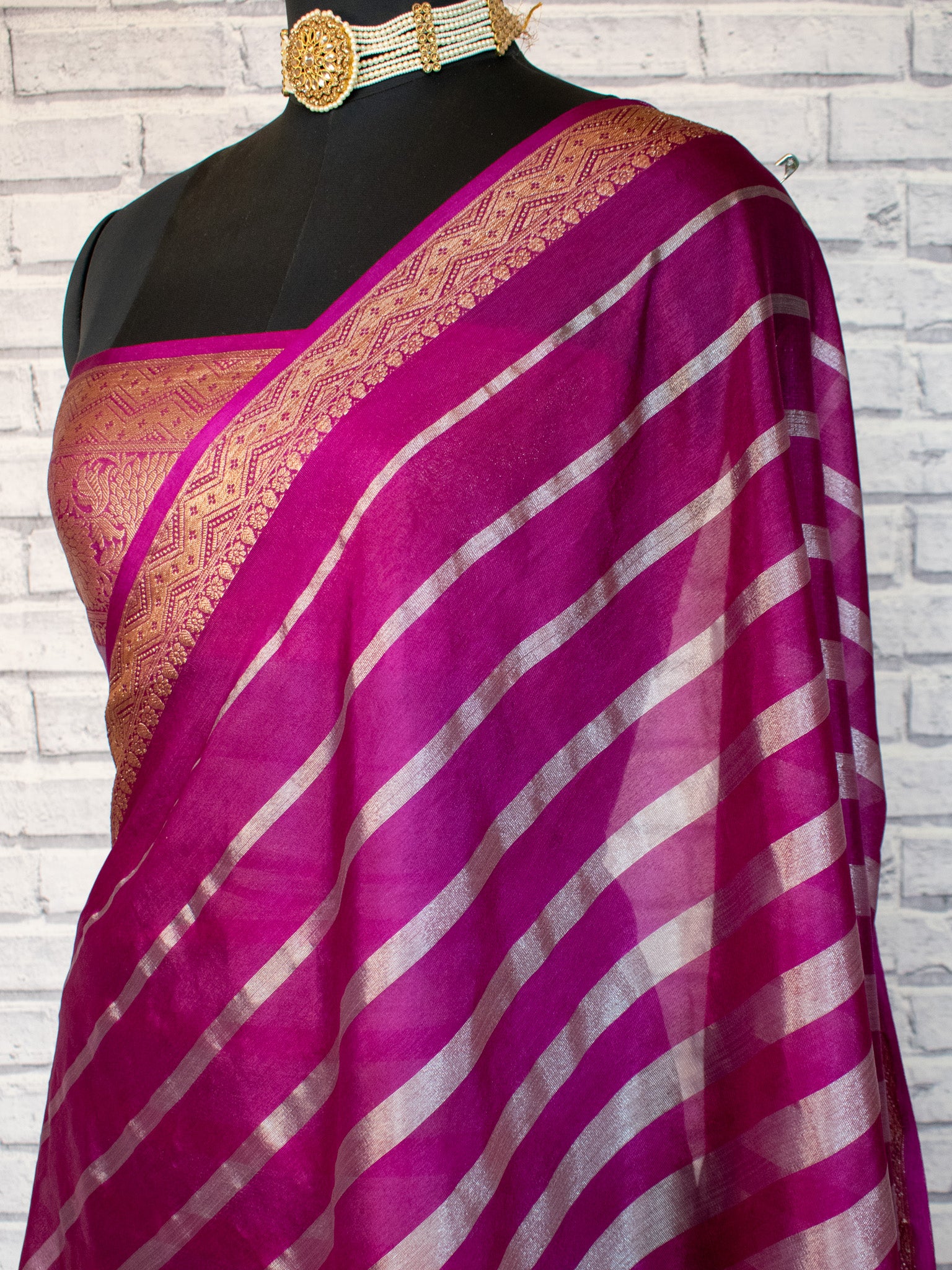 Banarasi Tissue Saree With Copper Zari Border-Purple